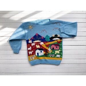Peruvian vtg blue embroidered animal farm‎ cottagecore sweater